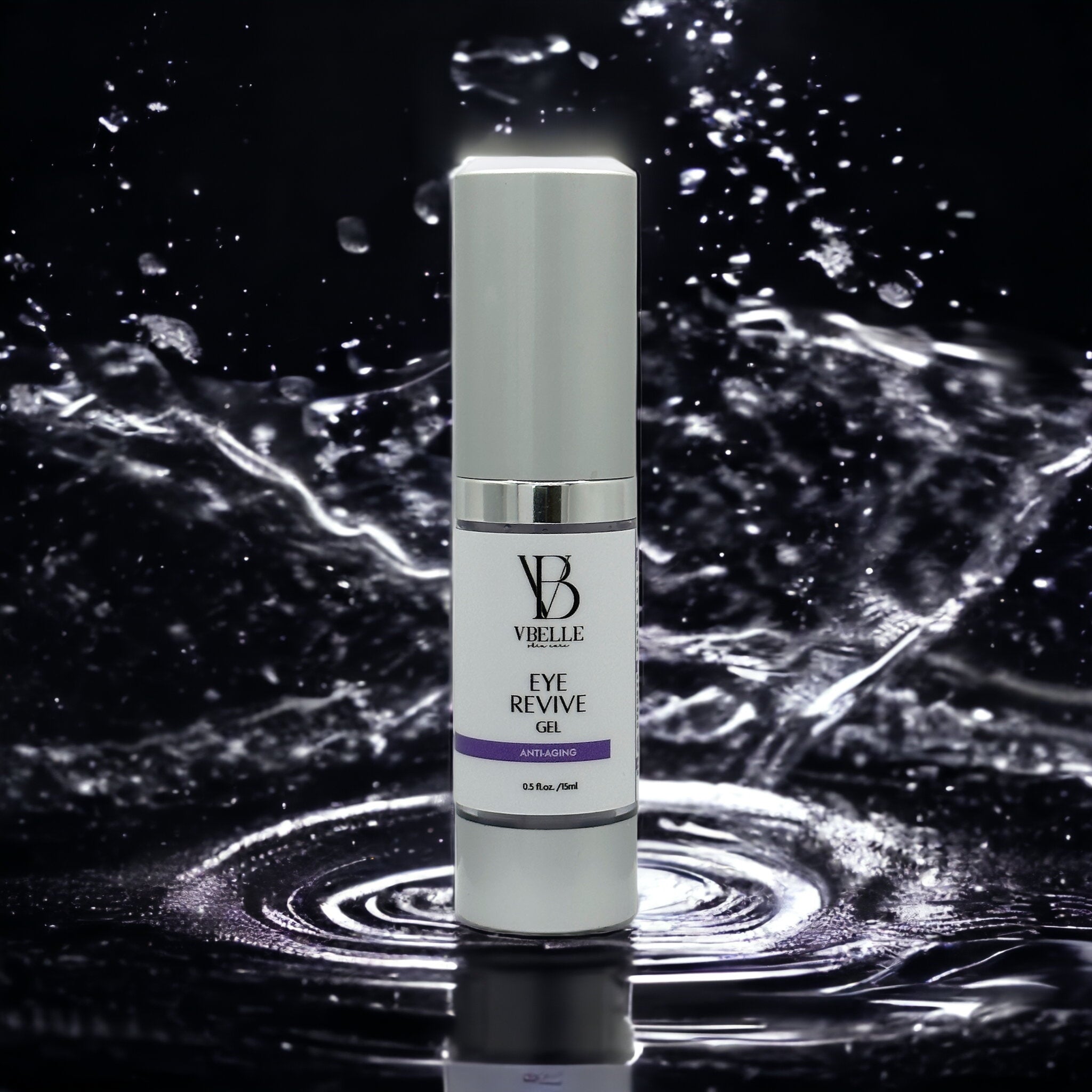 bottle of Anti Wrinkle anti Puffiness Eye Revive Gel water Splash Background