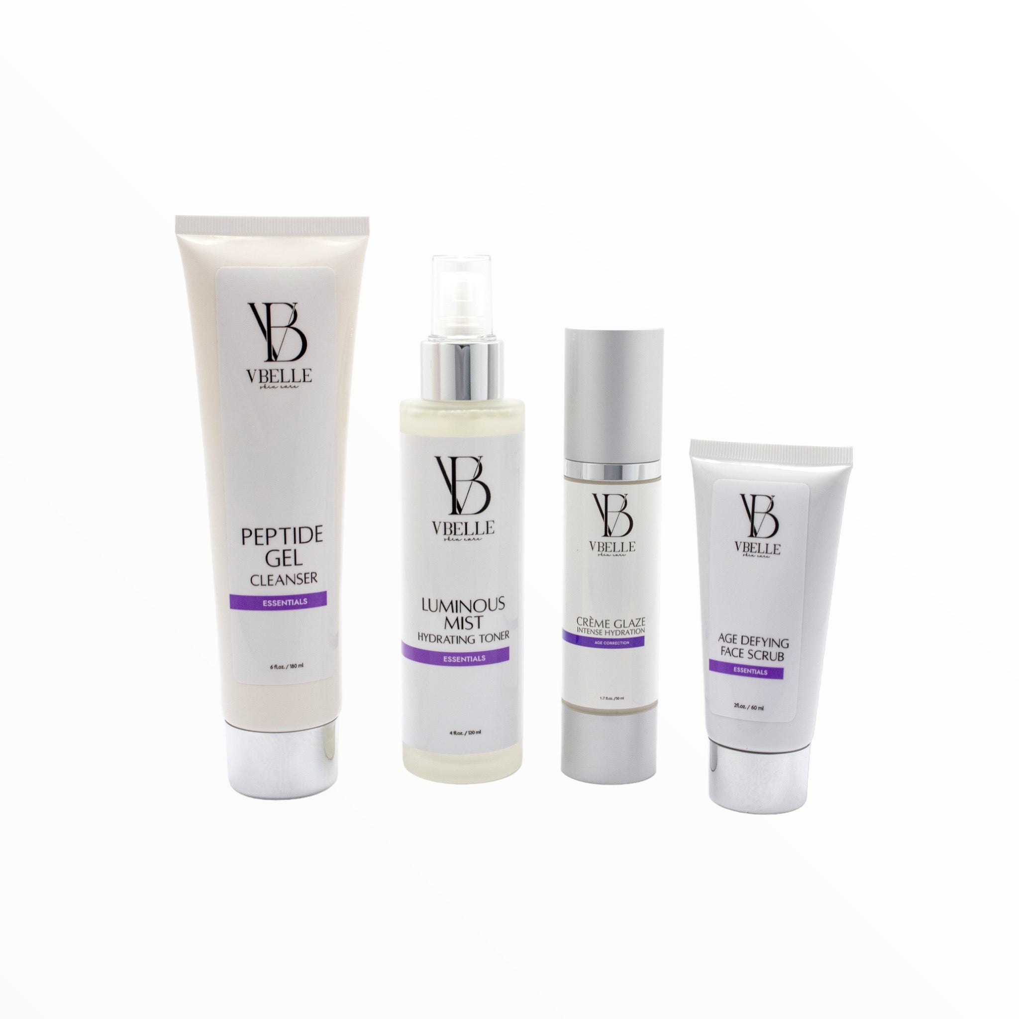 tube of peptide gel cleanser next to a bottle of luminous mist toner next to a bottle of creme glaze next to a tube of age defying face scrub on a multi color background