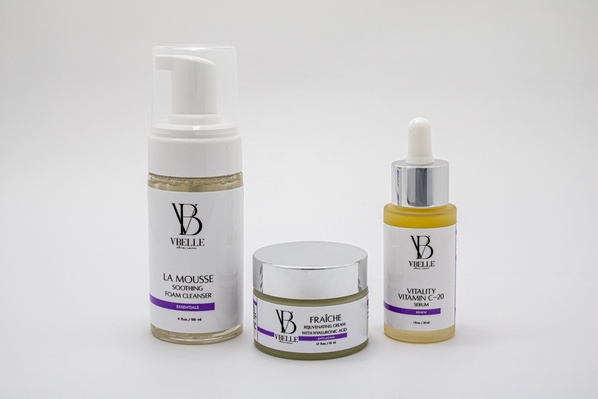 a bottle of la mousse foam cleanser next to a jar of fraîche rejuvenating moisturizer next to a bottle of vitality vitamin C-20