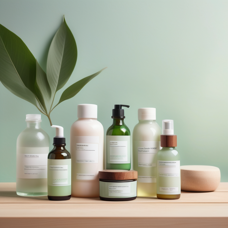 Soothing arrangement of plant-based skincare products on a wooden surface with green leaves.