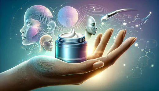 futuristic cosmic setting of a feminine hand holding a small jar of moisturizing cream