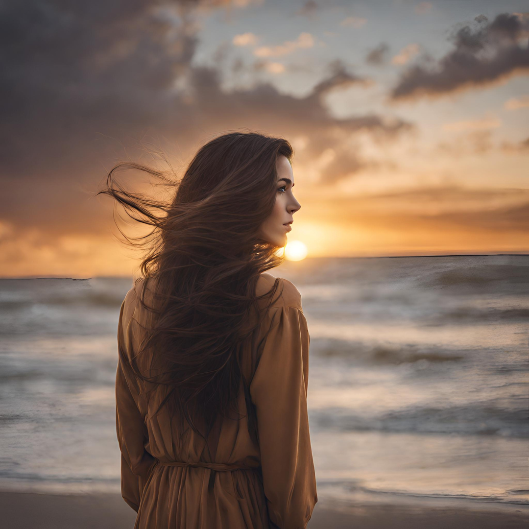 Woman looking out to sunset on beach