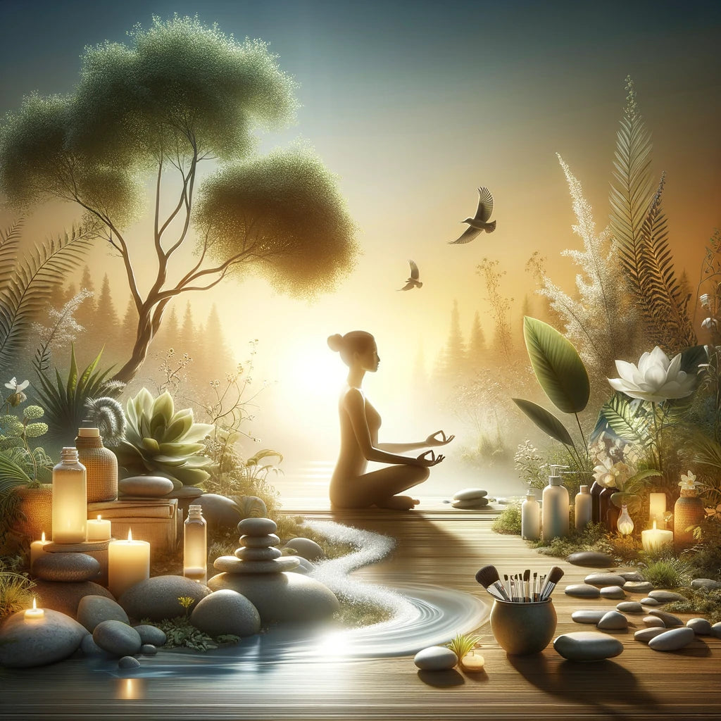 serene image of woman meditating surrounded by candles, birds, trees and a stream