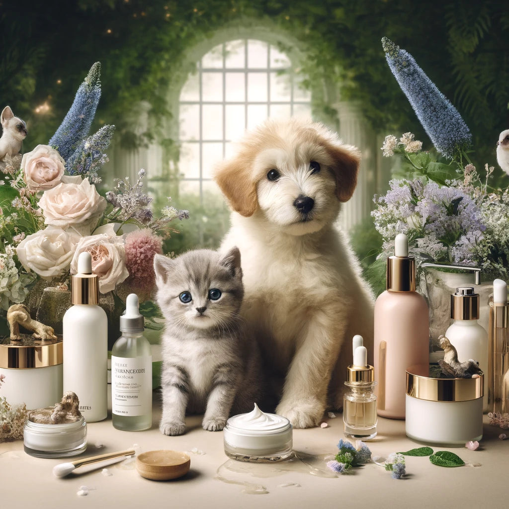 puppy and kitten surrounded by skin care products and flowers