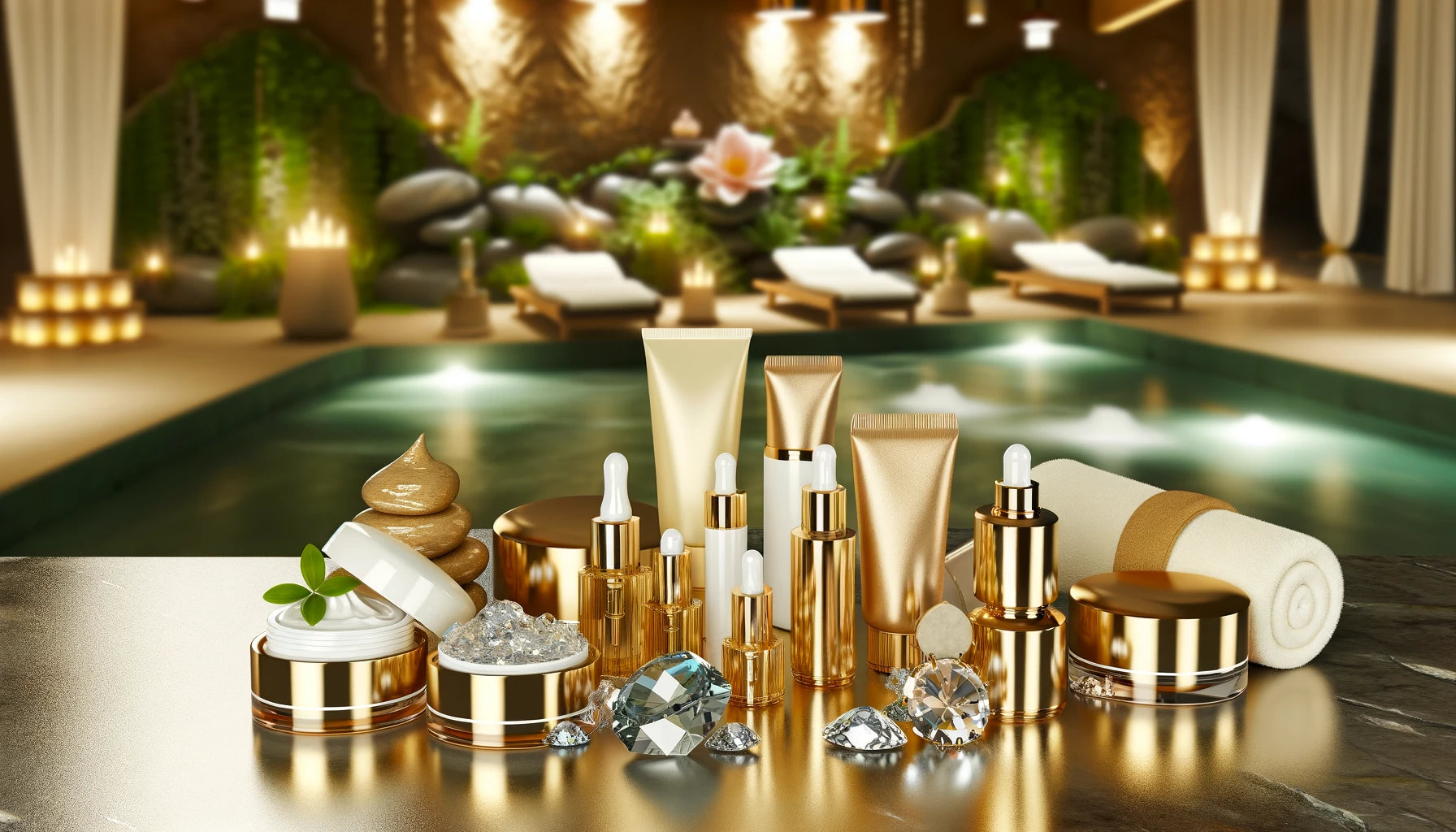 golden luxury style skin care products in luxury spa setting