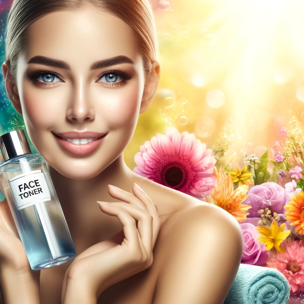 woman holding face toner surrounded by flowers