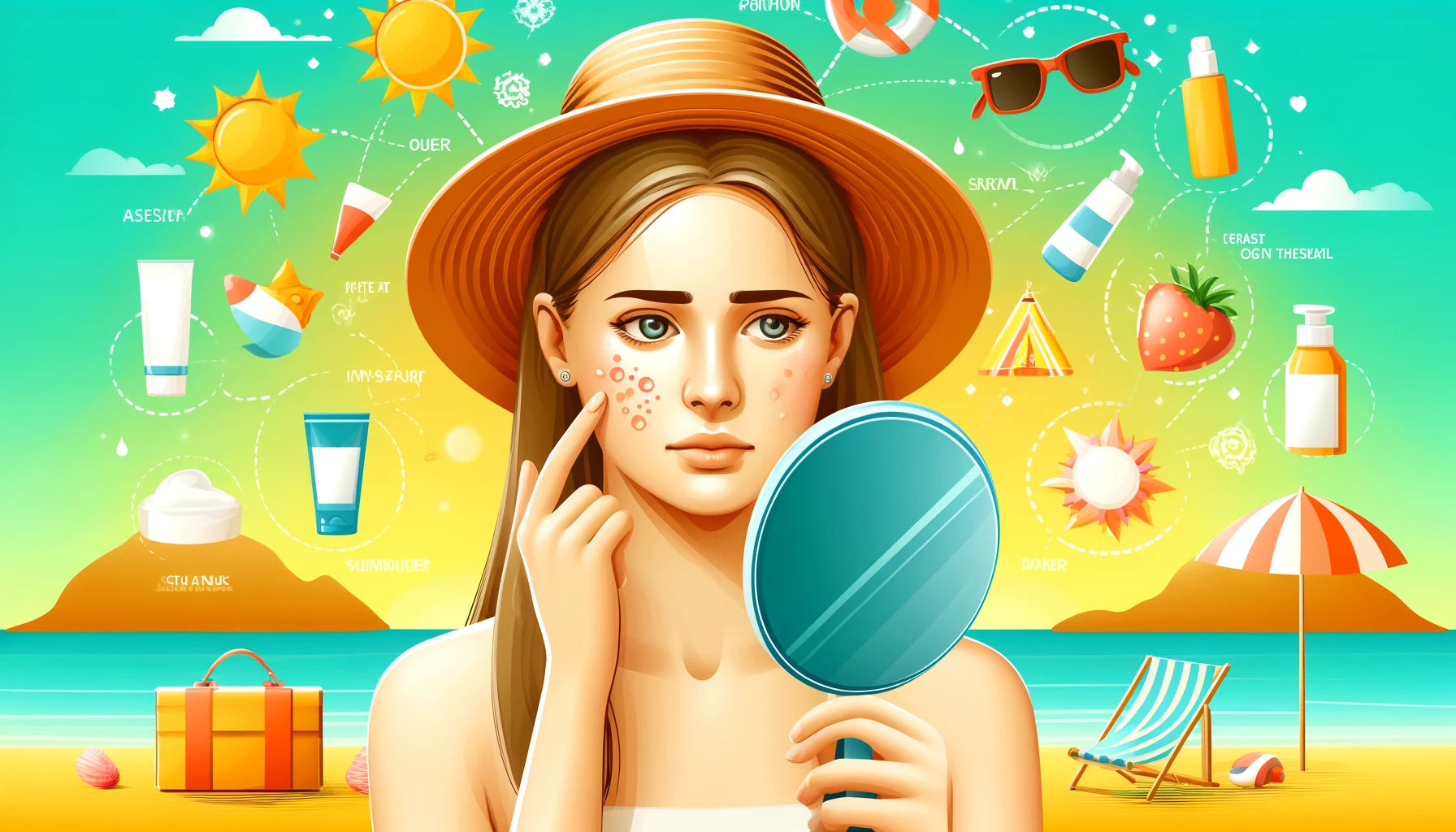 woman looking into mirror in summer beach setting with acne on face