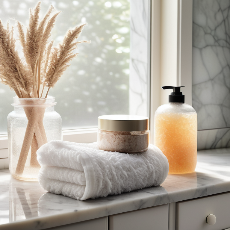 Natural exfoliating products on a marble bathroom counter with soft sunlight.