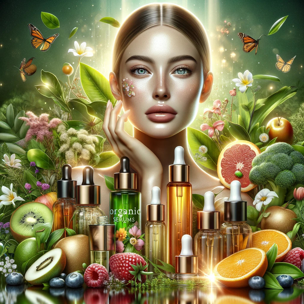 Woman surrounded by organic serum products and botanicals