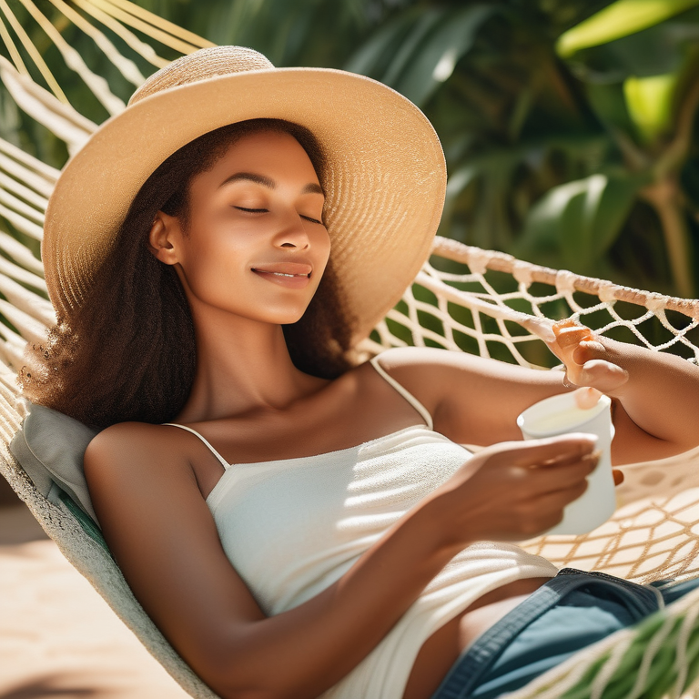 woman relaxing on hammock with hat