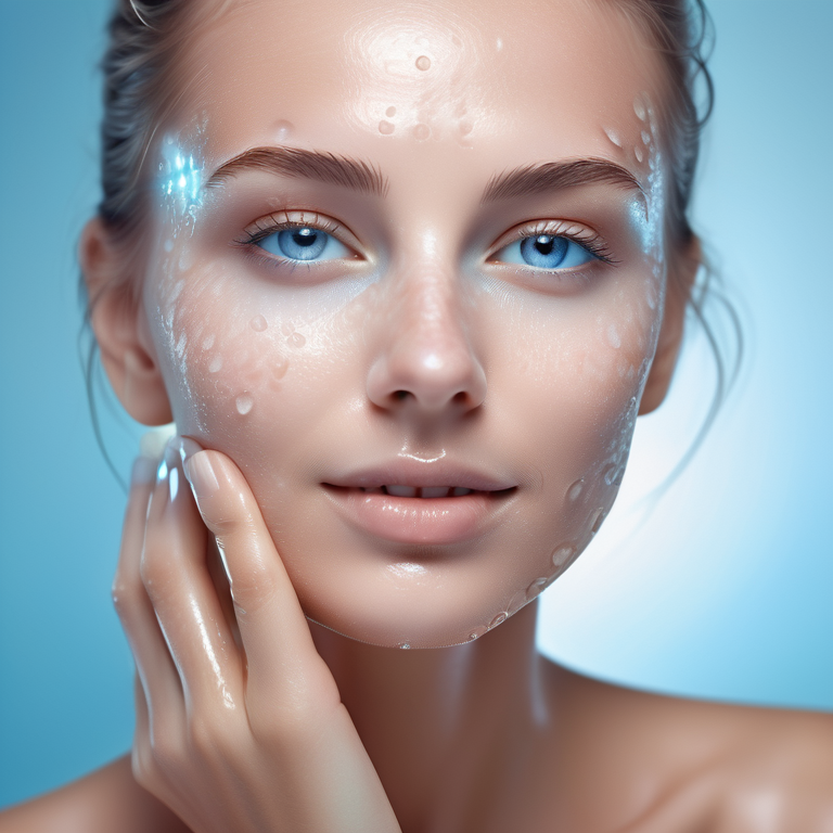 Woman's face with glowing skin alongside a molecular structure of hyaluronic acid, symbolizing hydration.