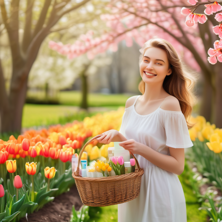 woman with basket around vibrant flowers Spring setting