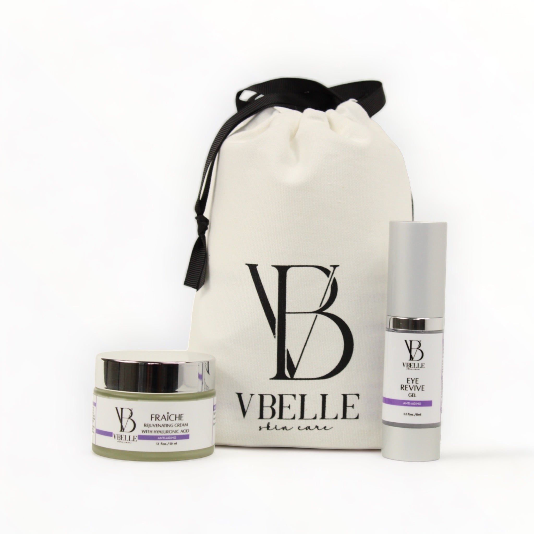 a jar of fraîche and bottle of eye gel in front of a Vbelle Skin Care white gift bag