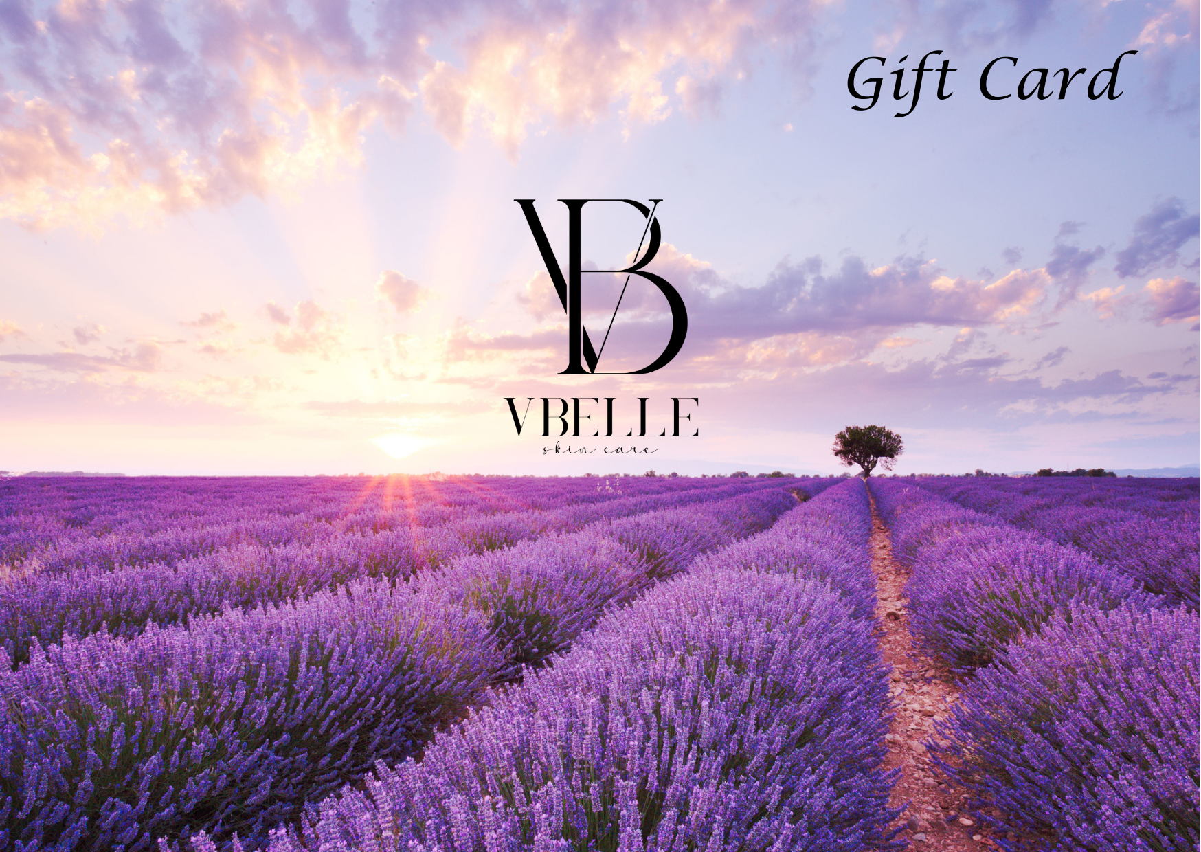 gift card with lavender fields and Vbelle Skin Care logo on it